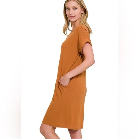 Zenana Sand Beige Short Cuffed Sleeves and Functional Pockets Tee Shirt Dress - Picture 3 of 5